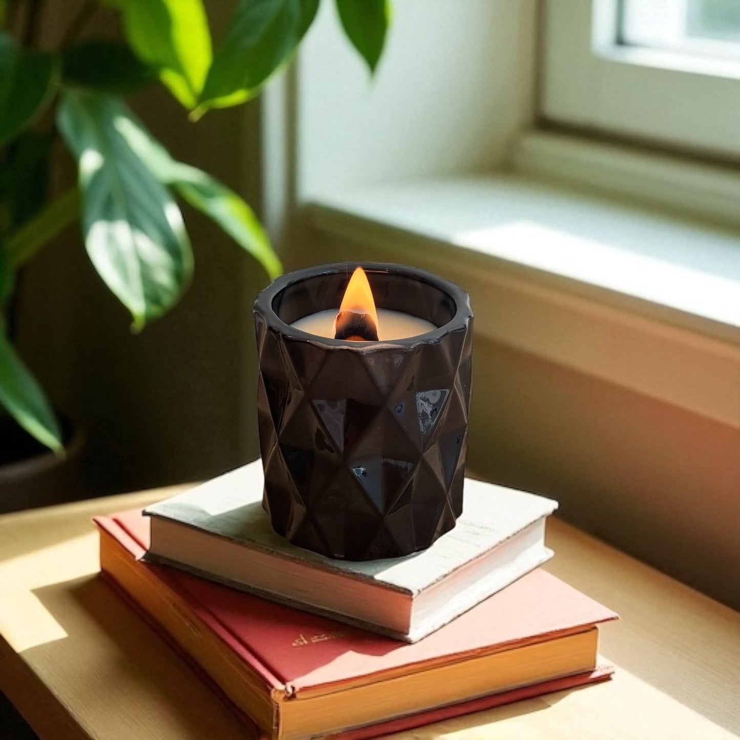 OBSIDIAN- BLACK GLASS DIAMOND CANDLE JAR. Handmade vegan soy candle