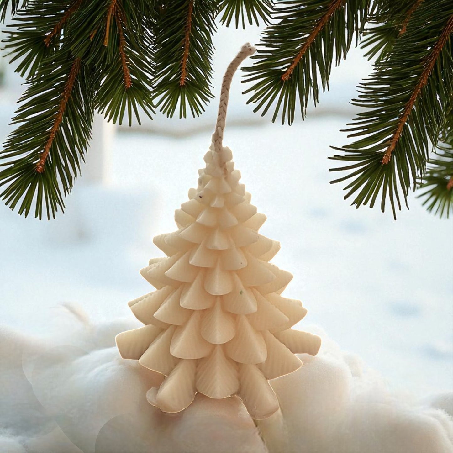 Handmade coconut wax candle in a Christmas tree design.