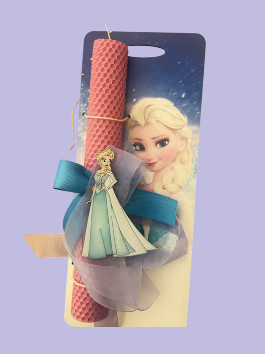 Χειροποίητη πασχαλινή λαμπάδα Frozen από μελισσοκέρι με Ελσα μαγνητάκι και ξύλινο πινακάκι διακοσμητικό