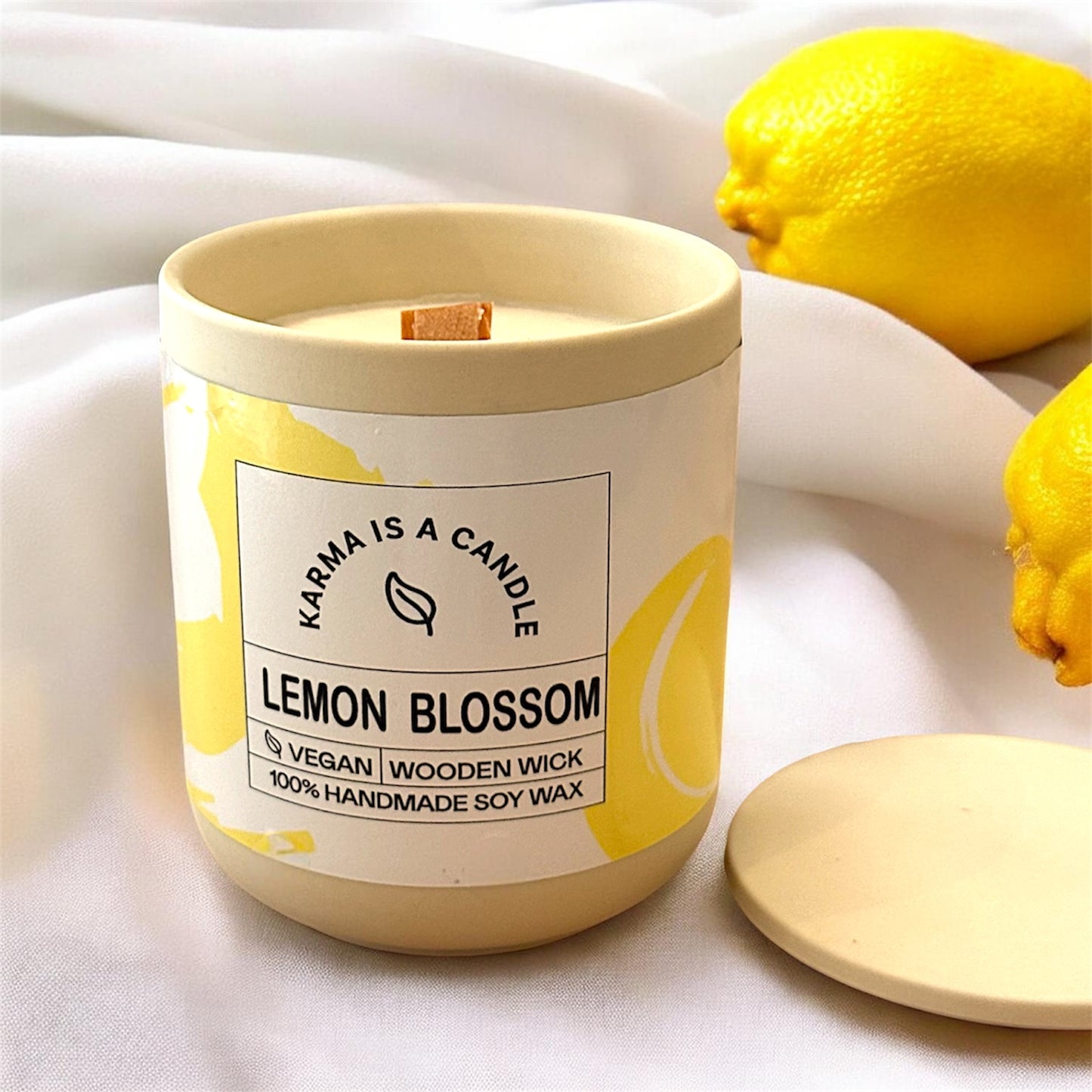 Handmade candle in ceramic container with lid - Lemon Blossom