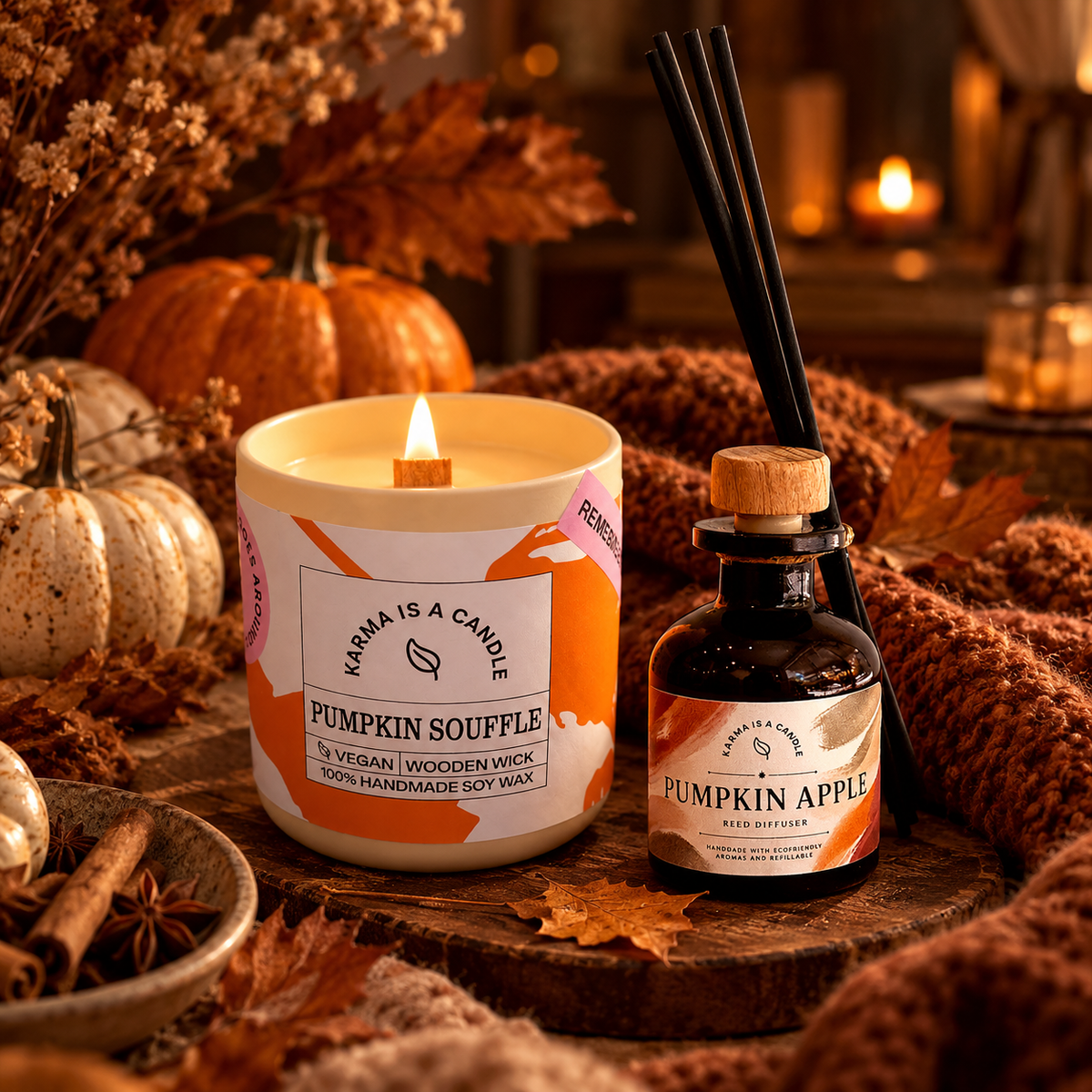 Pumpkin Autumn Candle & Reed Diffuser Set