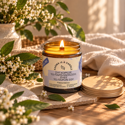 Handmade compassionate candle with Freshness scent. "Forgive your past. Live your present"