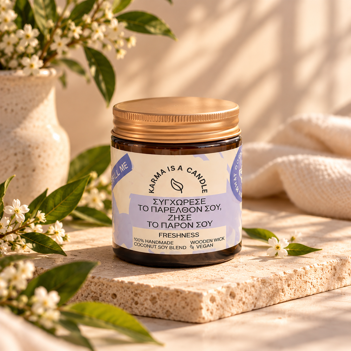 Handmade compassionate candle with Freshness scent. "Forgive your past. Live your present"