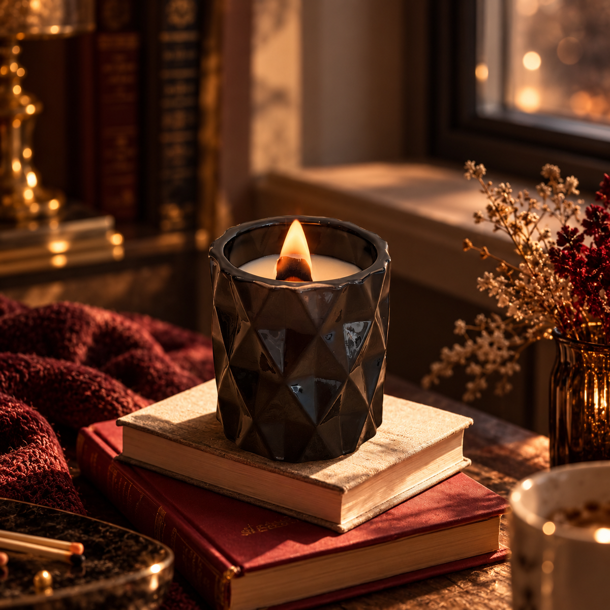 OBSIDIAN- BLACK GLASS DIAMOND CANDLE JAR. Handmade vegan soy candle