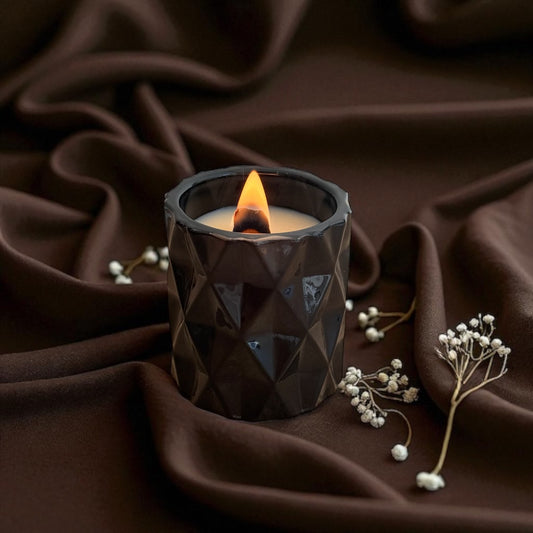 OBSIDIAN- BLACK GLASS DIAMOND CANDLE JAR. Handmade vegan soy candle