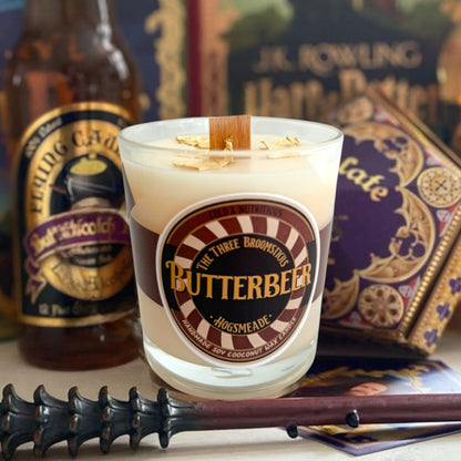 Butterbeer candle - Χειροποιήτο μουσικό κερί από σόγια και καρύδα με άρωμα butterbeer !