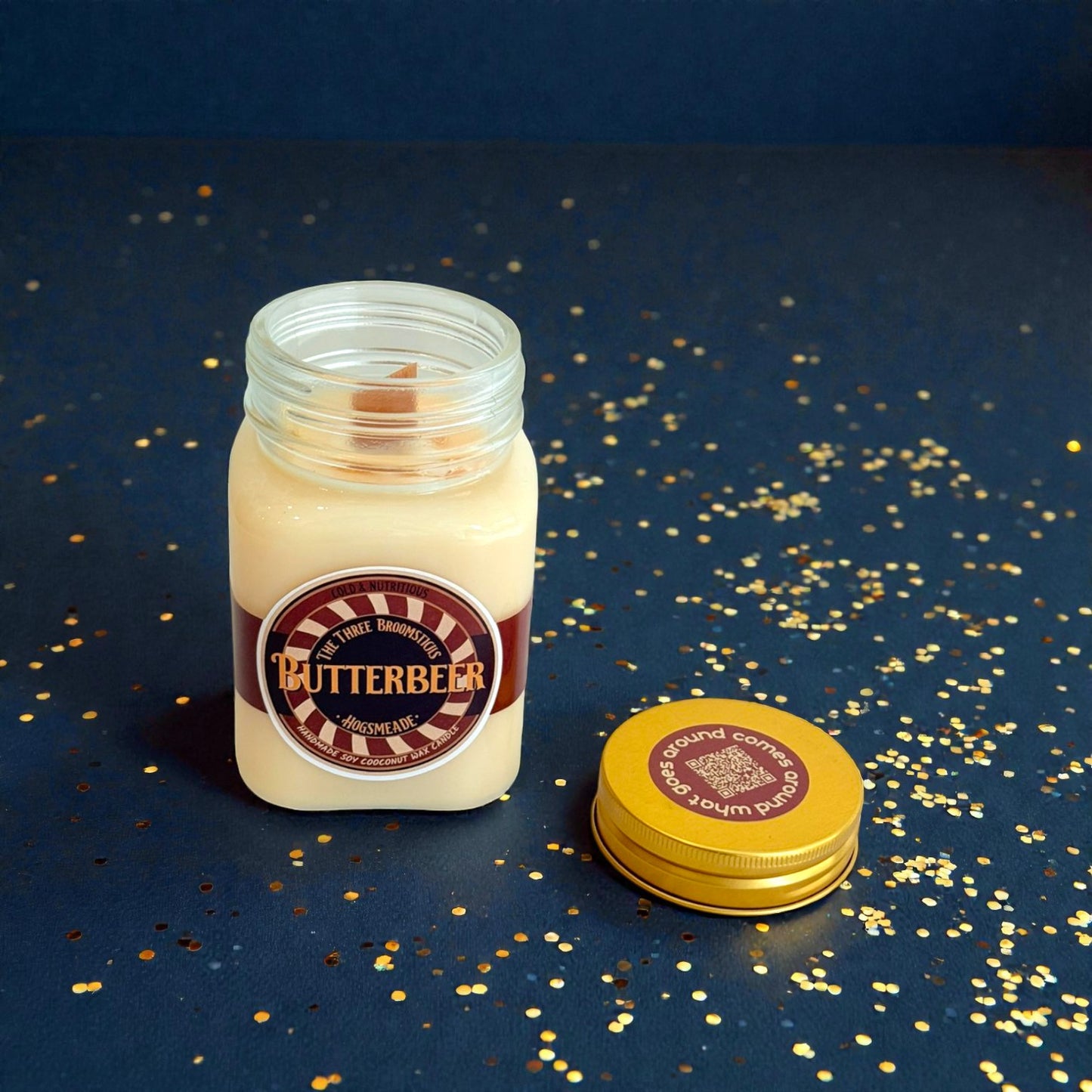 Butterbeer candle - Χειροποιήτο μουσικό κερί από σόγια και καρύδα με άρωμα butterbeer !