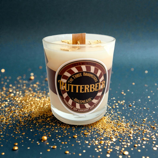 Butterbeer candle - Χειροποιήτο μουσικό κερί από σόγια και καρύδα με άρωμα butterbeer !